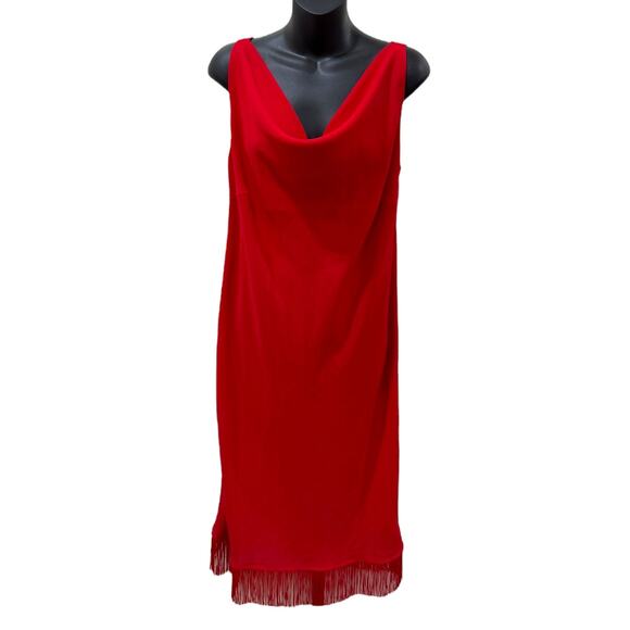 Vintage Express Cowl Draped Neckline Fringe Hem Midi Gown - Picture 7 of 9